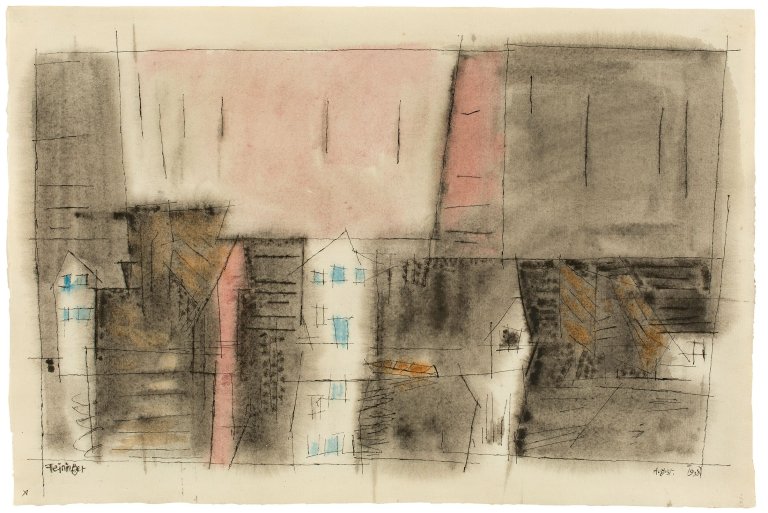 Auf diesem Bild ist das folgende Kunstwerk zu sehen: Lyonel Feininger. Alte Giebel. 1938.