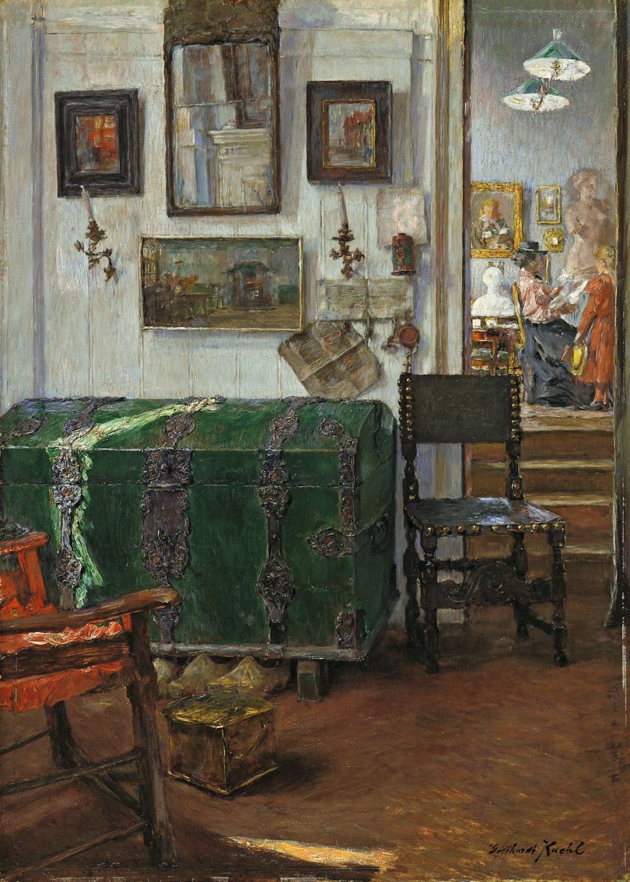 Auf diesem Bild ist das folgende Kunstwerk zu sehen: Gotthardt Kuehl. „Grüne Truhe (mein Vorzimmer)“. Um 1898.