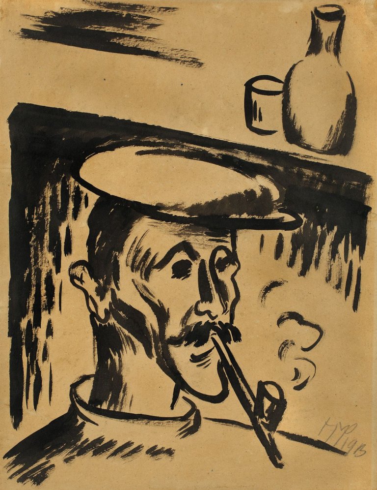 Auf diesem Bild ist das folgende Kunstwerk zu sehen: Max Pechstein. Fischer mit Pfeife und Hut. 1913.