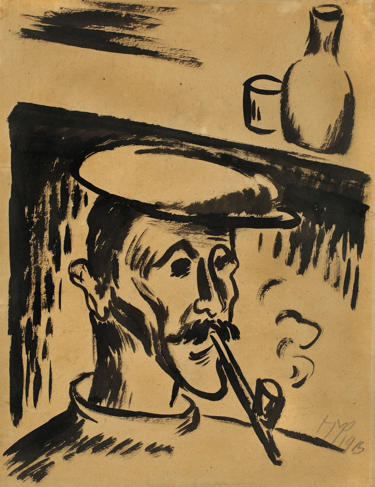 Auf diesem Bild ist das folgende Kunstwerk zu sehen: Max Pechstein. Fischer mit Pfeife und Hut. 1913.