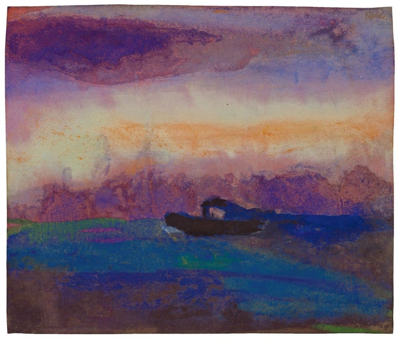 This picture shows the following artwork: Emil Nolde. „Meer mit blau-violetten Wolken und Dampfer“. 1946.