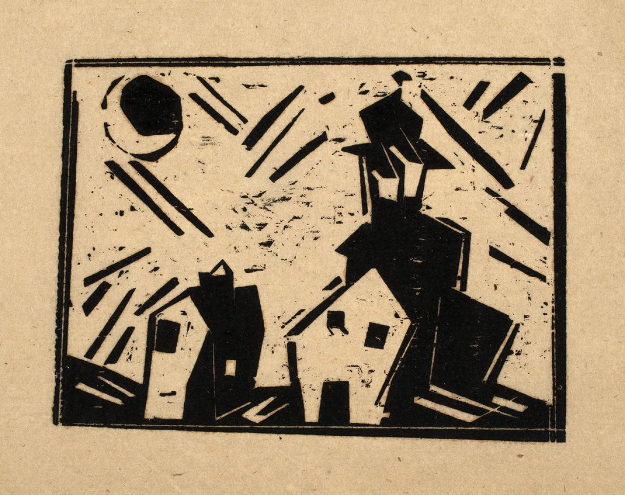 Auf diesem Bild ist das folgende Kunstwerk zu sehen: Lyonel Feininger. „Rathaus und Neumond“. 1918.