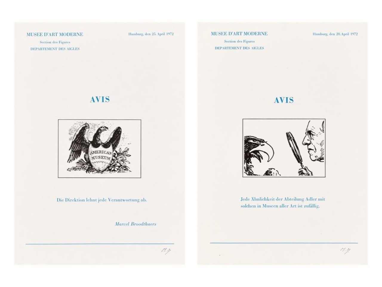 Auf diesem Bild ist das folgende Kunstwerk zu sehen: Marcel Broodthaers. „Six lettres ouvertes. Avis“. 1972.