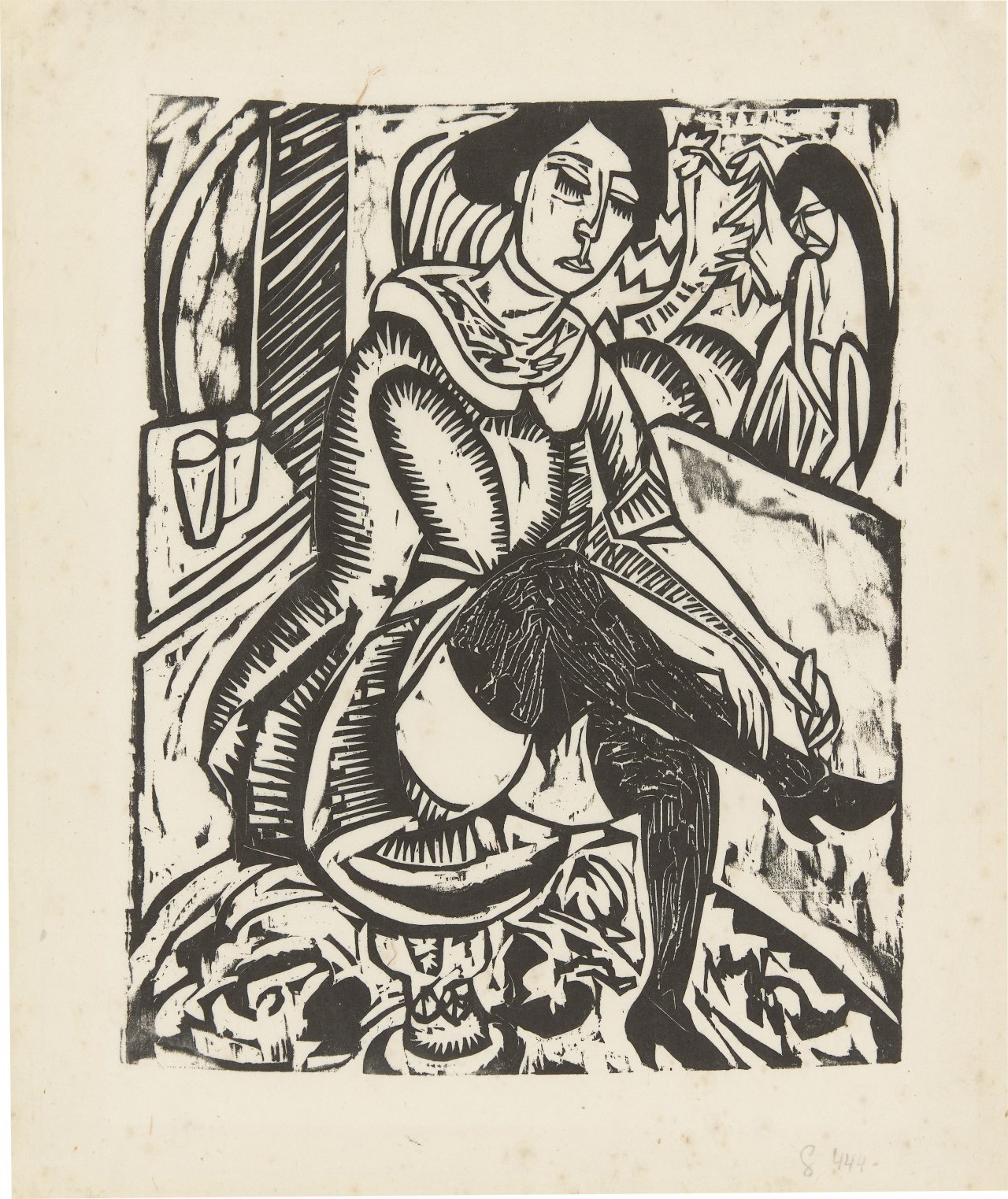 Auf diesem Bild ist das folgende Kunstwerk zu sehen: Ernst Ludwig Kirchner. „Frau, Schuh zuknöpfend“. 1912/13.