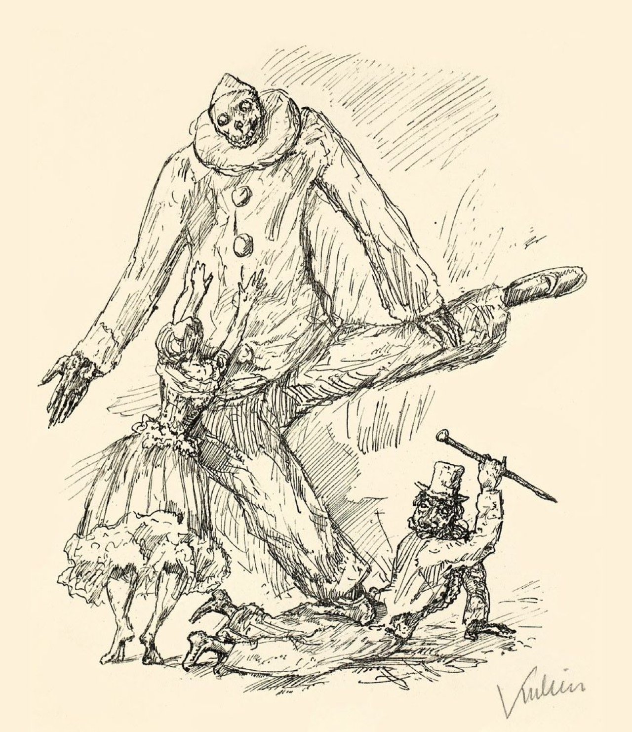 Auf diesem Bild ist das folgende Kunstwerk zu sehen: Alfred Kubin. „Tod als Pierrot“ / „Hinterhalt“. 1922.