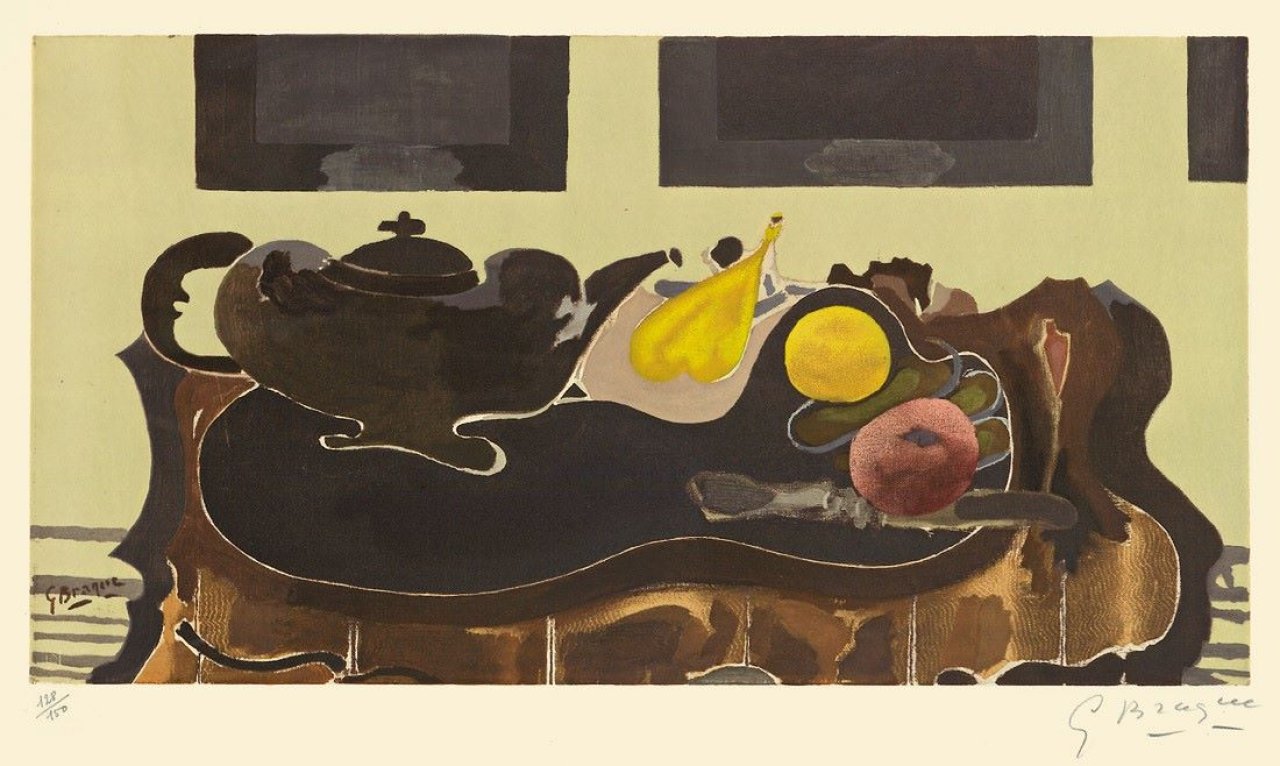 Auf diesem Bild ist das folgende Kunstwerk zu sehen: Nach Georges Braque. „Théière et Fruits“.