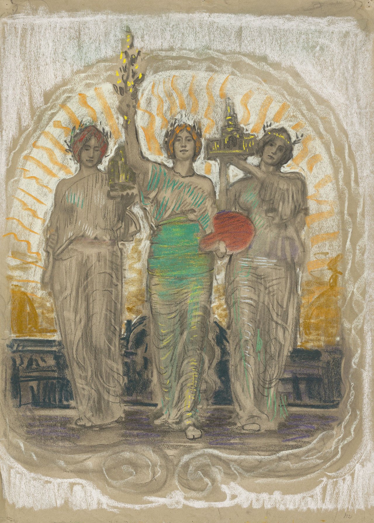 Auf diesem Bild ist das folgende Kunstwerk zu sehen: Osmar Schindler. Sculptura, Pictura, Architectura - farbiger Entwurf für die Akademie der Künste Dresden. Um 1910.