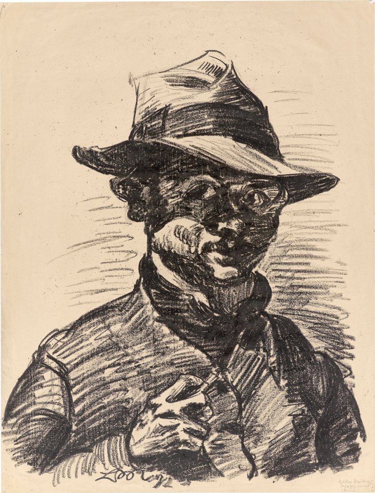 Auf diesem Bild ist das folgende Kunstwerk zu sehen: Ludwig Meidner. Selbstbildnis mit Hut. 1922.