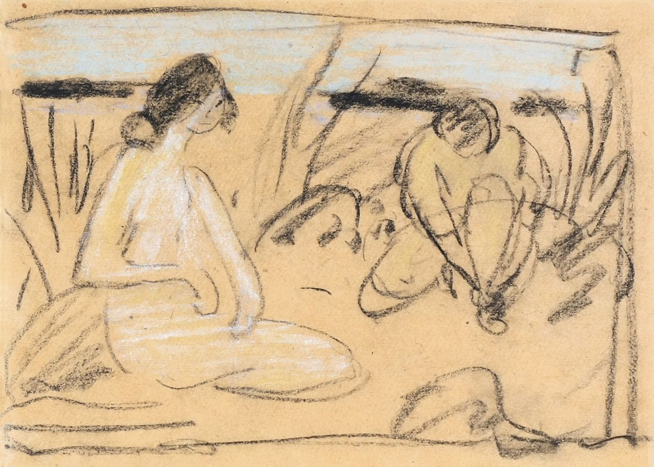 Auf diesem Bild ist das folgende Kunstwerk zu sehen: Otto Mueller. „Zwei Badende am Ufer“. Um 1913.