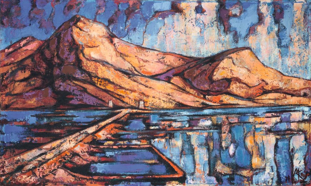 Auf diesem Bild ist das folgende Kunstwerk zu sehen: Max Kaus. „Kretische Landschaft, Spinalonga“. 1974.