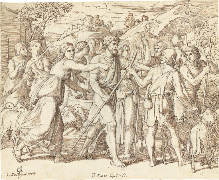 Auf diesem Bild ist das folgende Kunstwerk zu sehen: Julius Schnorr von Carolsfeld. Moses schützt die Töchter Jethros. 1824.