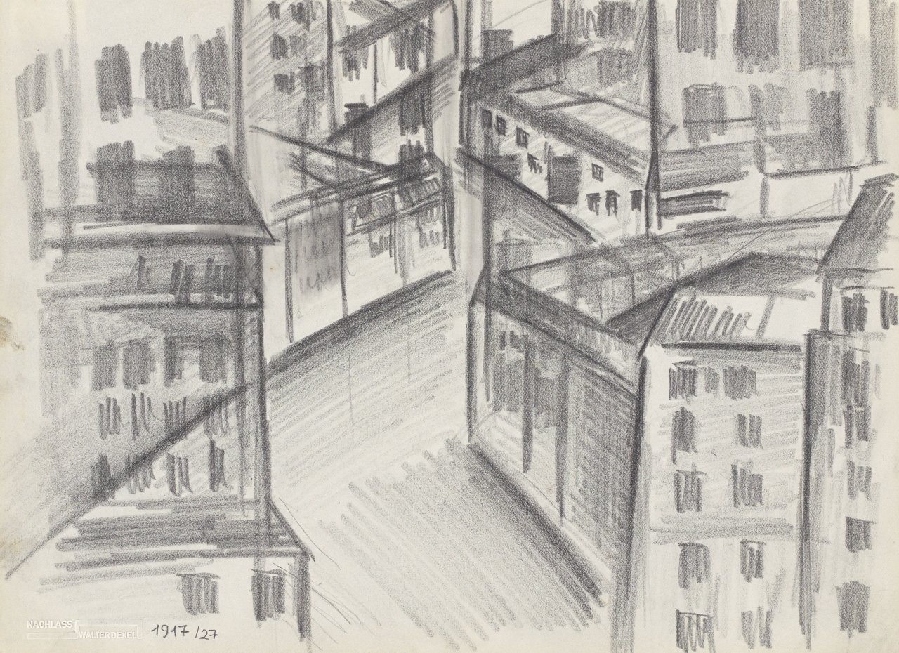 Auf diesem Bild ist das folgende Kunstwerk zu sehen: Walter Dexel. Häuseransicht. 1917.