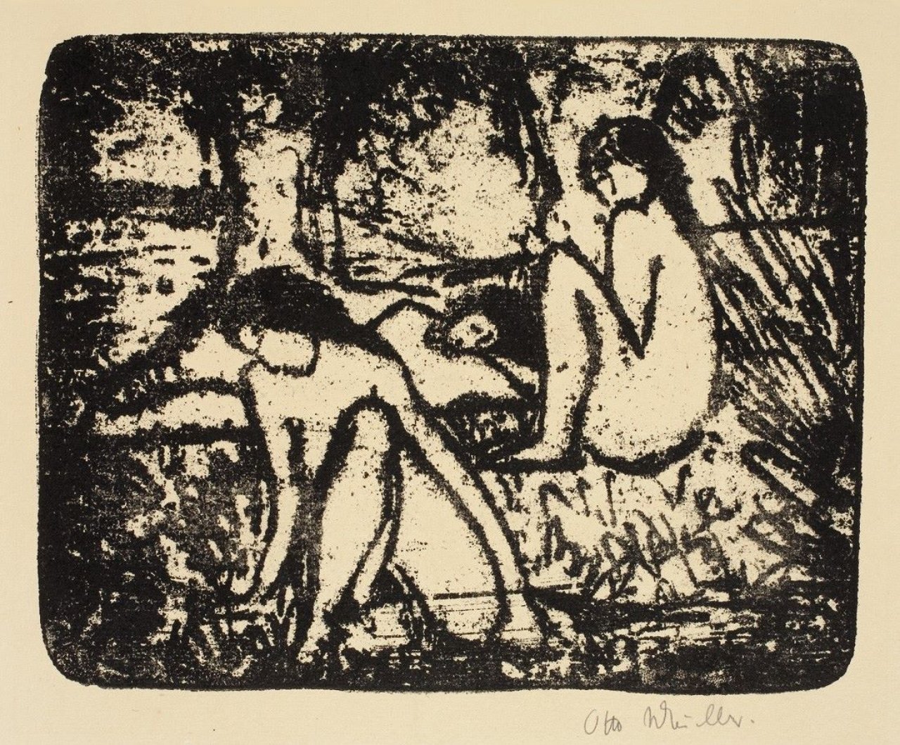Auf diesem Bild ist das folgende Kunstwerk zu sehen: Otto Mueller. „Zwei sitzende Mädchen vor liegender Figur“. 1912-14.
