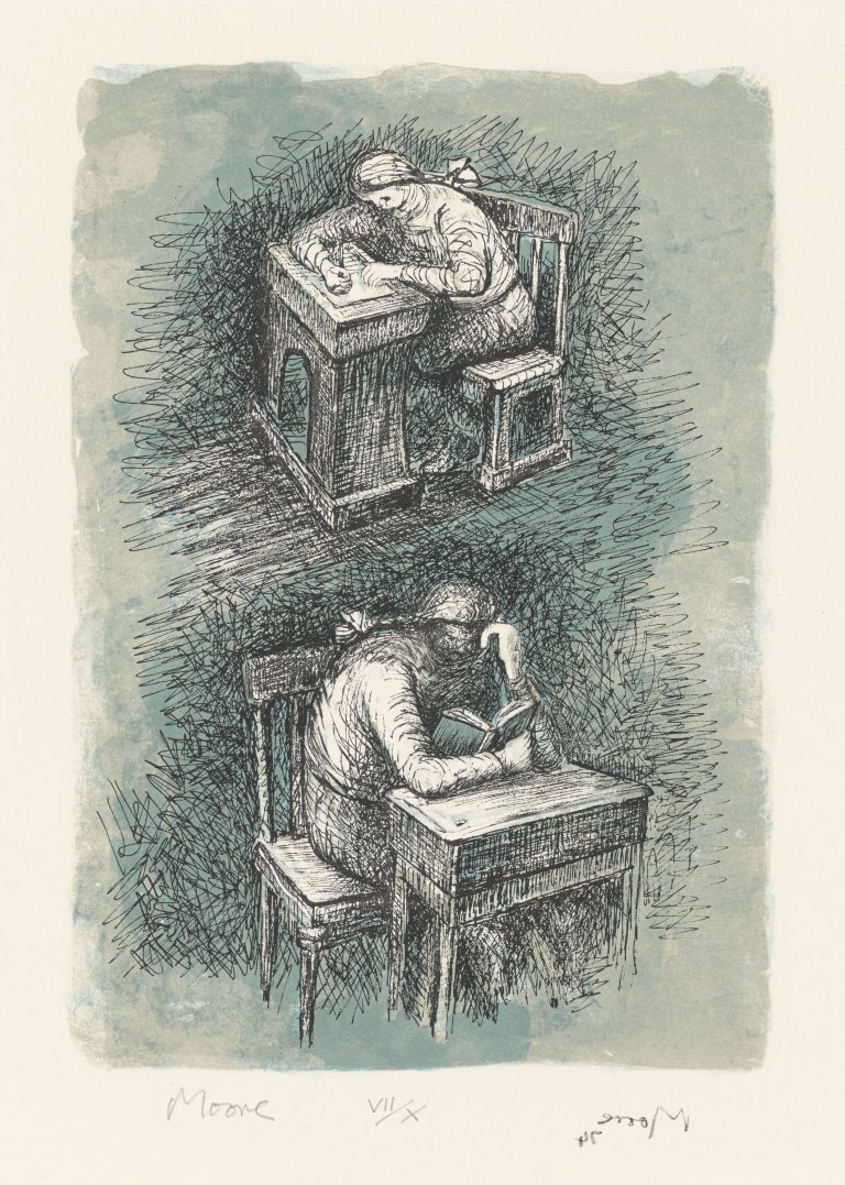 Auf diesem Bild ist das folgende Kunstwerk zu sehen: Henry Moore. „Girl seated at desk“. 1974.