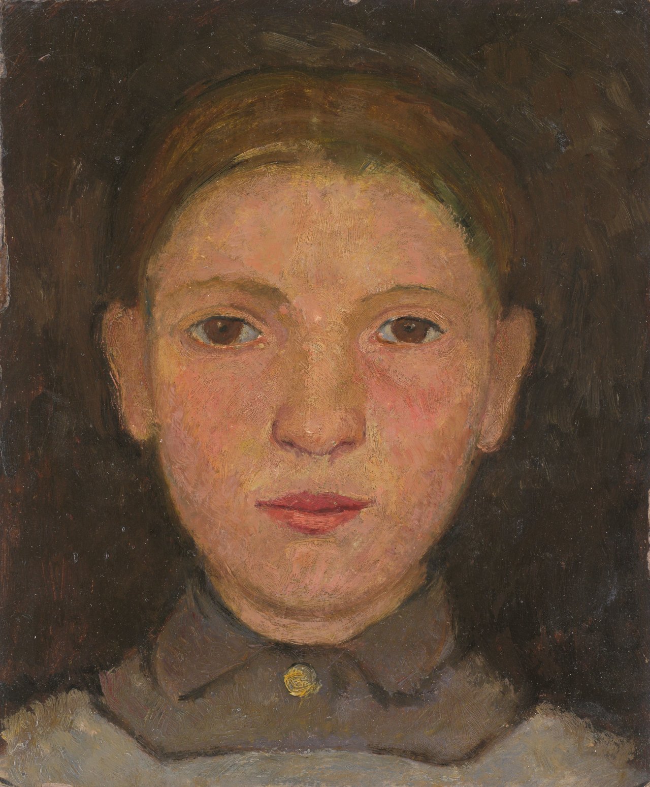 Auf diesem Bild ist das folgende Kunstwerk zu sehen: Paula Modersohn-Becker. „Kopf eines Mädchens mit geschlossenem Kragen“. Um 1905.