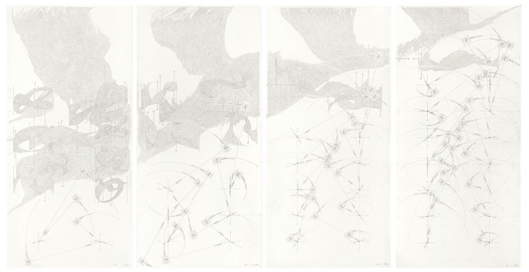 Auf diesem Bild ist das folgende Kunstwerk zu sehen: Jorinde Voigt. „ReWrite I, II, III / Version 2, IV (Rotation Doppelte Akustische Impulse; Deklination Horizontaler und Vertikaler Abstand zum Standpunkt; Deklination Standpunkt; Deklination N,O,S,W; Deklination Wind- stärke und Windrichtung; Richtungsansammlung, Richtungs-Loops, Strom)“. 2008.