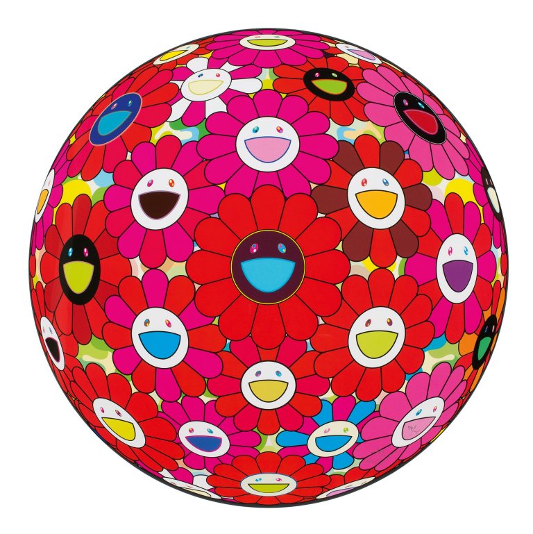 Auf diesem Bild ist das folgende Kunstwerk zu sehen: Takashi Murakami. „Flowerball (3D) Red, Blue, Pink“. 2013.