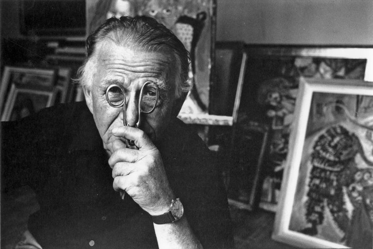 Auf diesem Bild ist das folgende Kunstwerk zu sehen: Stefan Moses. Otto Dix, aus der Serie „Künstler machen Masken“. 1964.