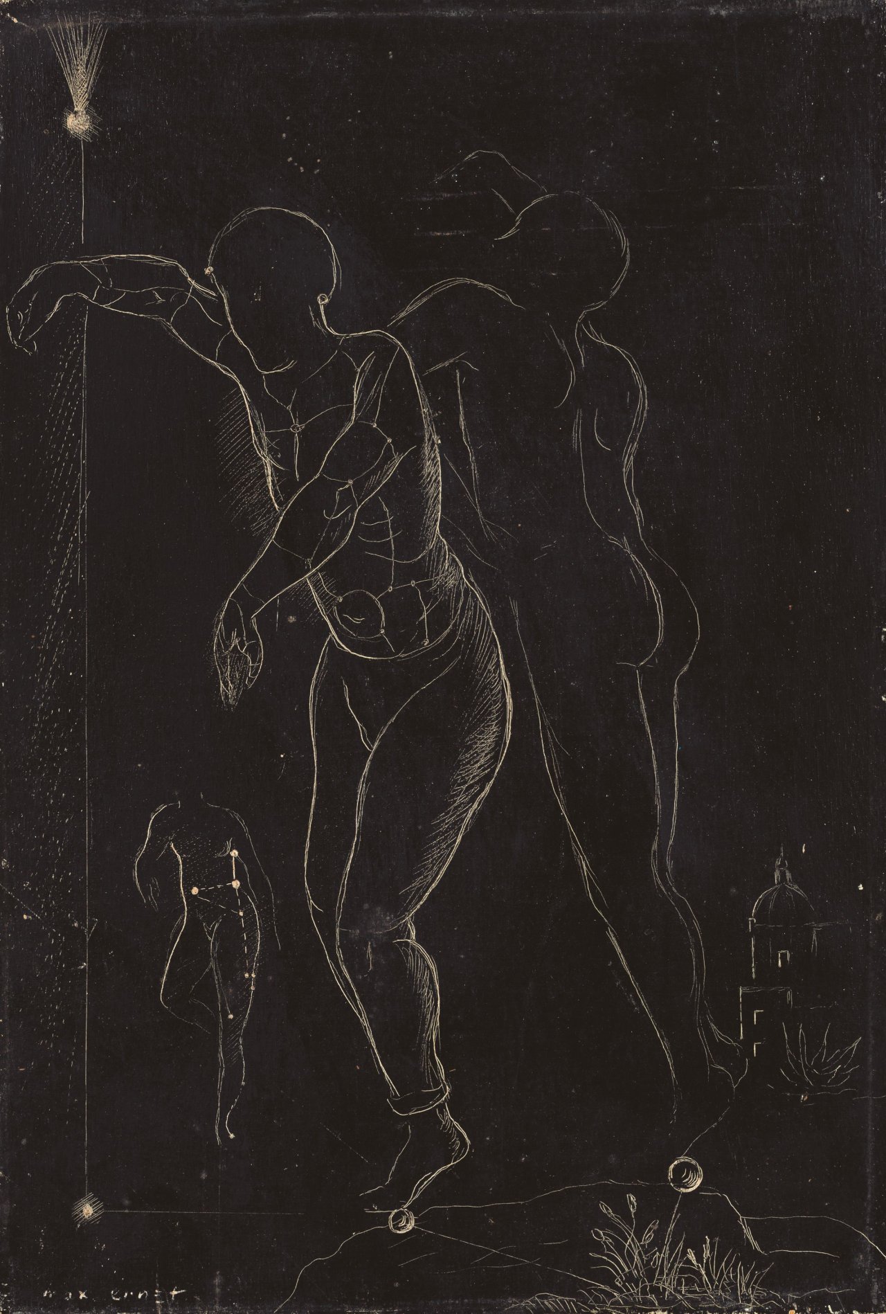 Auf diesem Bild ist das folgende Kunstwerk zu sehen: Max Ernst. „(Schwebende Figuren)“. Um 1923.