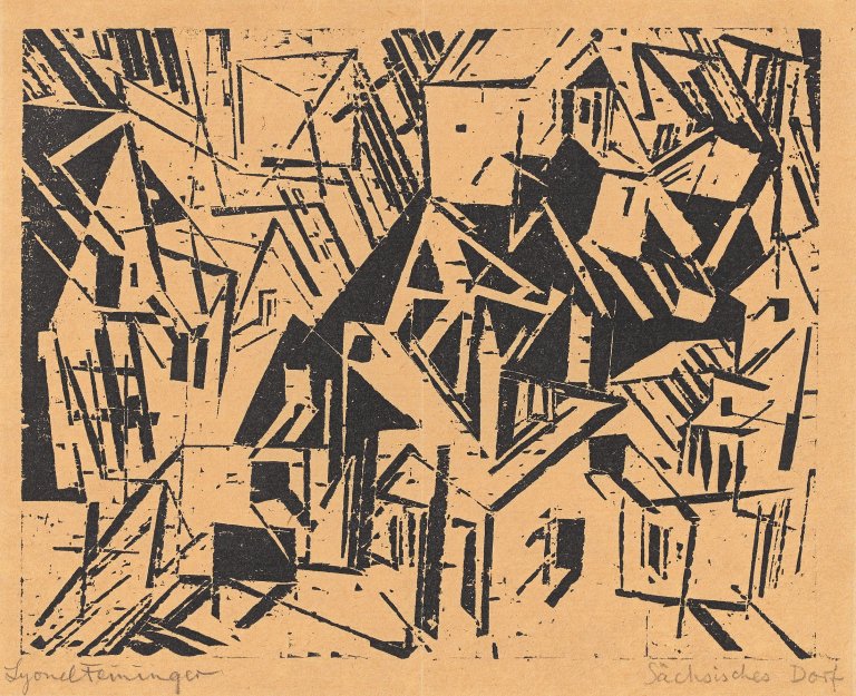 Auf diesem Bild ist das folgende Kunstwerk zu sehen: Lyonel Feininger. „Sächsisches Dorf“. 1918.
