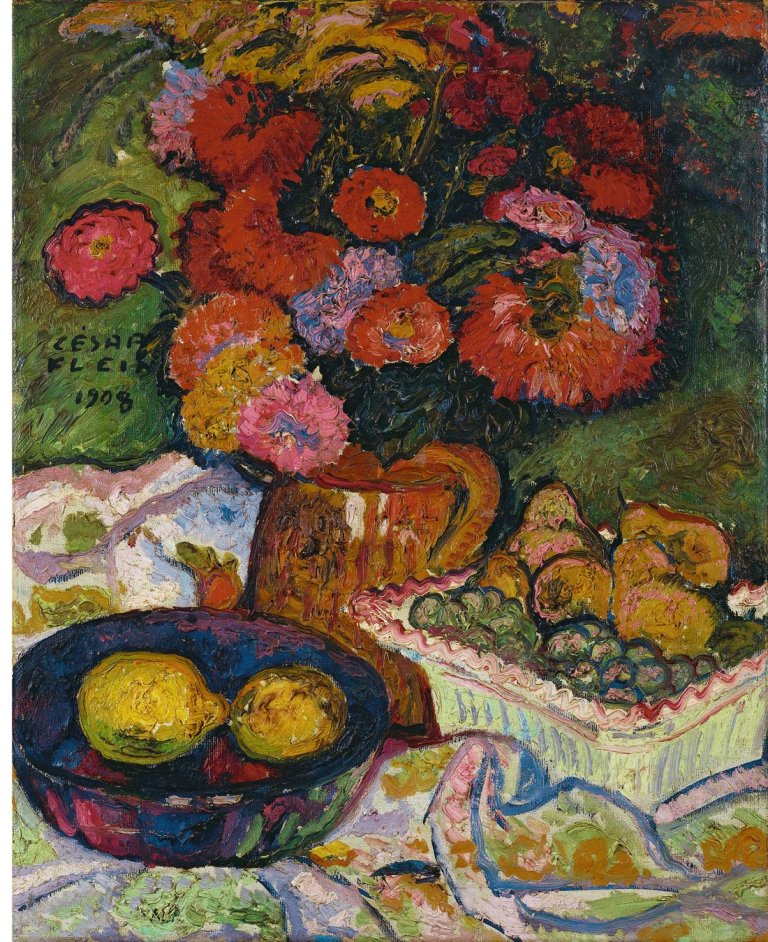 Auf diesem Bild ist das folgende Kunstwerk zu sehen: César Klein. Stilleben mit Blumenvase und Obstschalen. 1908.