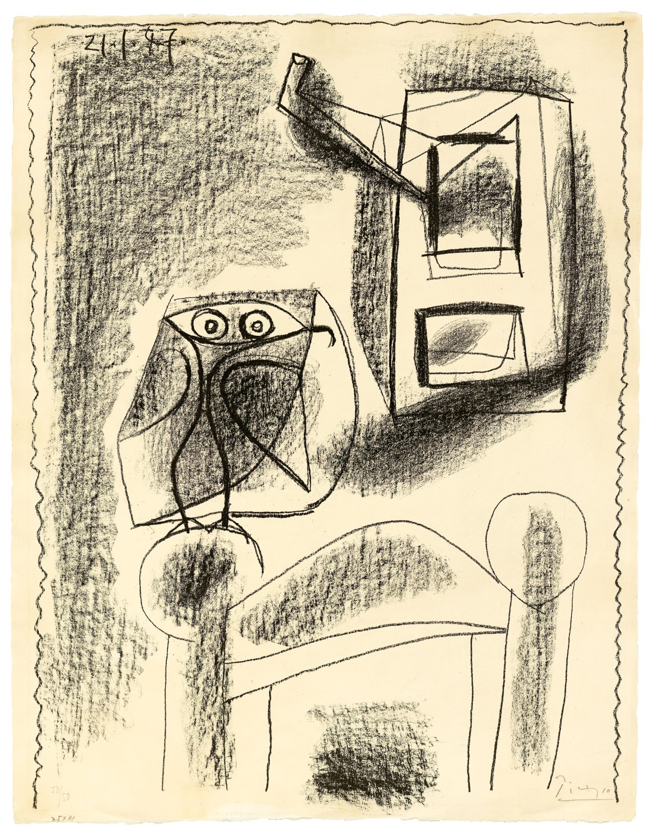 Auf diesem Bild ist das folgende Kunstwerk zu sehen: Pablo Picasso. „Hibou au crayon“. 1947.