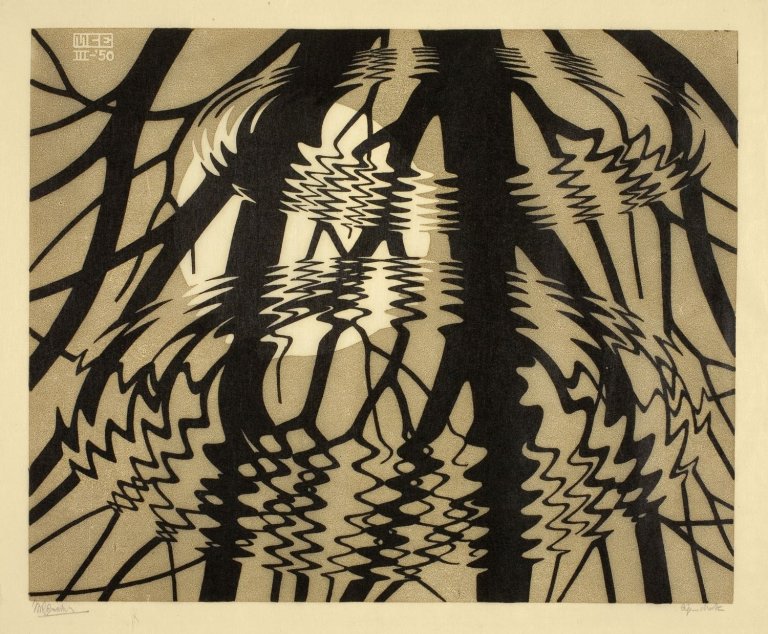 Auf diesem Bild ist das folgende Kunstwerk zu sehen: Maurits Cornelis Escher. „Rimpeling“ (Rippled surface). 1950.