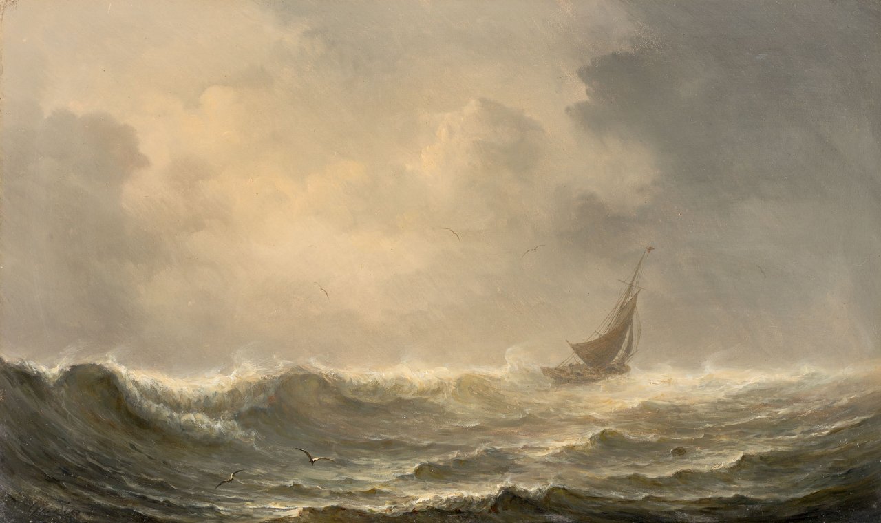 Auf diesem Bild ist das folgende Kunstwerk zu sehen: Théodore Gudin. Segelschiff auf stürmischer See.