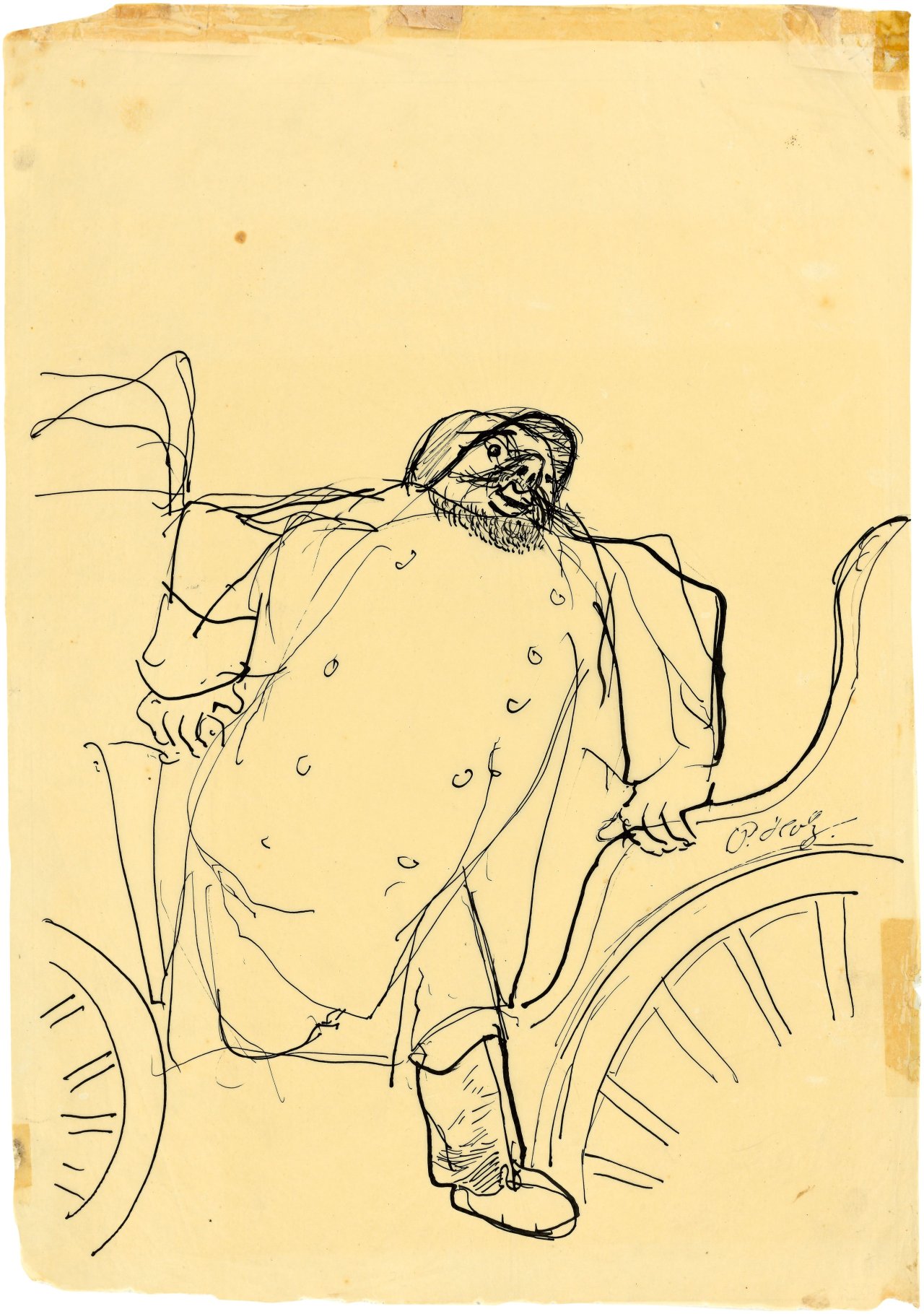 Auf diesem Bild ist das folgende Kunstwerk zu sehen: Paul Holz. Ein Herr steigt aus der Kutsche – Illustration zu Nikolai Gogols Roman „Die toten Seelen“. Nach 1929.