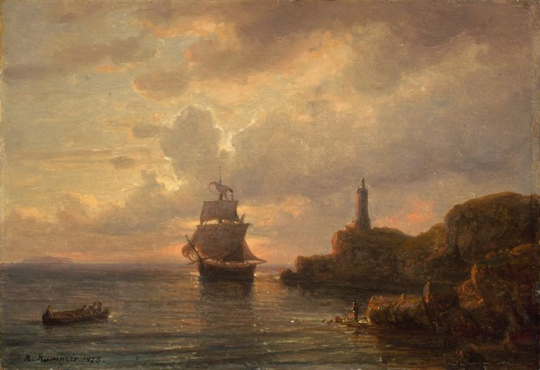 Auf diesem Bild ist das folgende Kunstwerk zu sehen: Carl Robert Kummer. „Küste mit Segelschiff am Abend“. 1878.