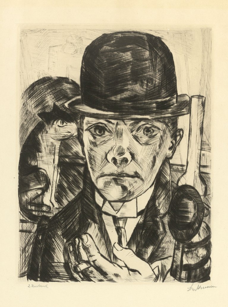 Auf diesem Bild ist das folgende Kunstwerk zu sehen: Max Beckmann. „Selbstbildnis mit steifem Hut“. 1921.