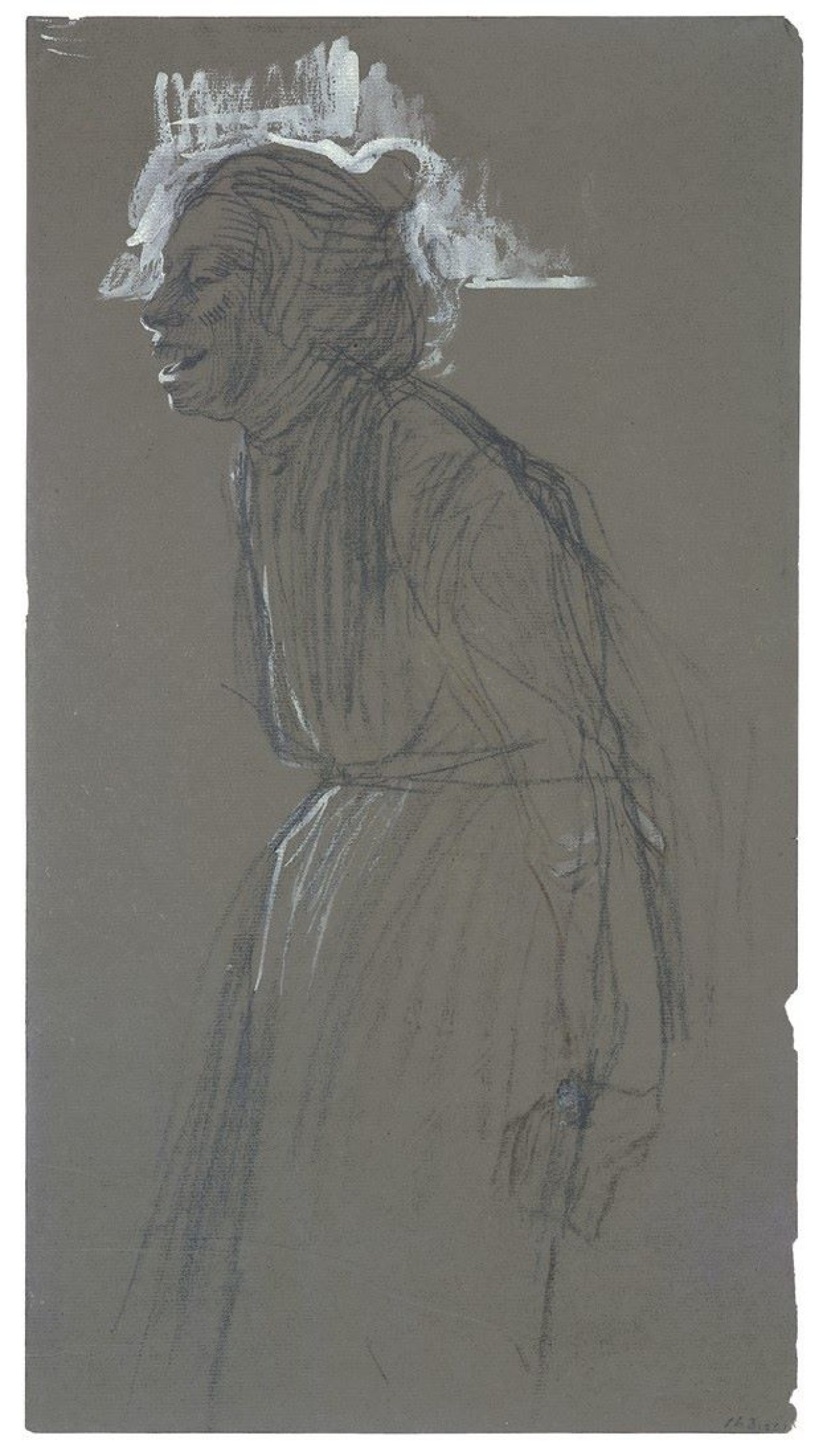 Auf diesem Bild ist das folgende Kunstwerk zu sehen: Käthe Kollwitz. Stehende lachende Frau. 1901.