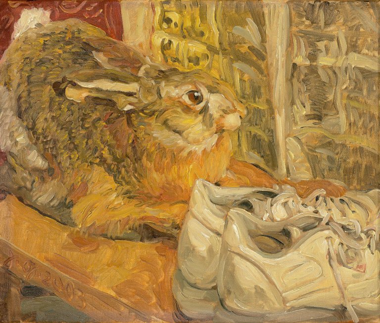 Auf diesem Bild ist das folgende Kunstwerk zu sehen: Johannes Grützke. „Hase an der Zeitung“. 2003.