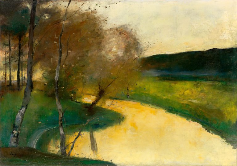 Auf diesem Bild ist das folgende Kunstwerk zu sehen: Lesser Ury. „Herbstliche Bachlandschaft im Abendlicht, Thüringen“. Um 1900/10.