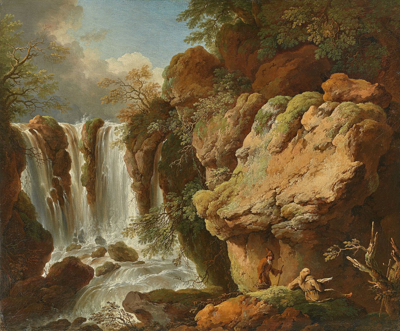 Auf diesem Bild ist das folgende Kunstwerk zu sehen: Christian Wilhelm Ernst Dietrich. Landschaft mit Wasserfall und zwei Wanderern.