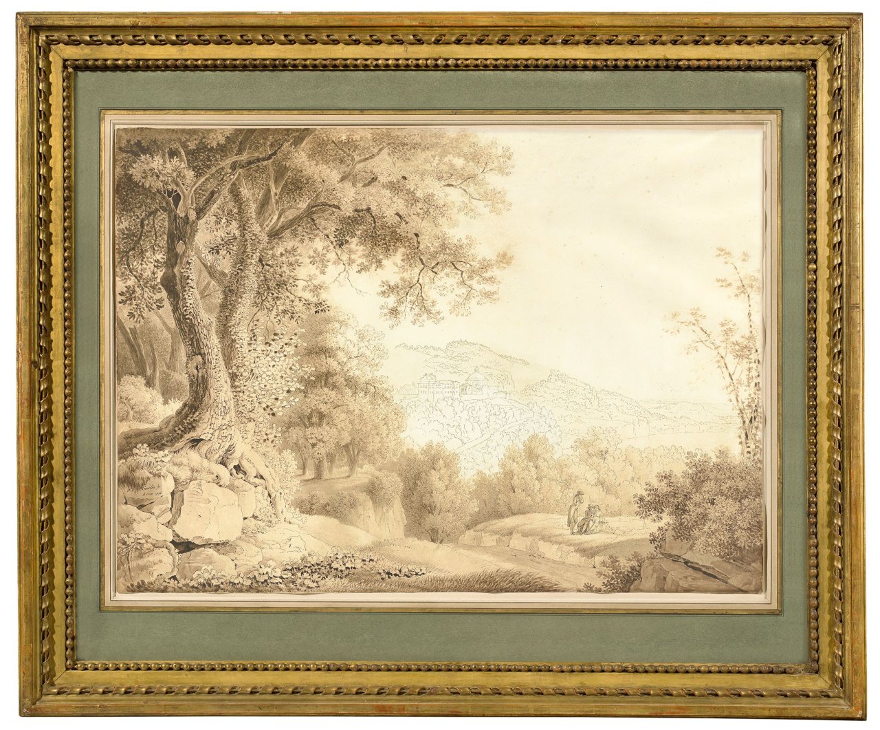 Auf diesem Bild ist das folgende Kunstwerk zu sehen: Wilhelm Friedrich Gmelin. Blick auf den Lago Albano und den Palazzo Chigi mit der Kirche Santa Maria Assunta in Ariccia. 1796.