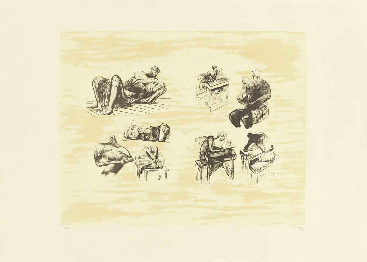 Auf diesem Bild ist das folgende Kunstwerk zu sehen: Henry Moore. „Eight Sculpturals Ideas Girl Writing“. 1973.