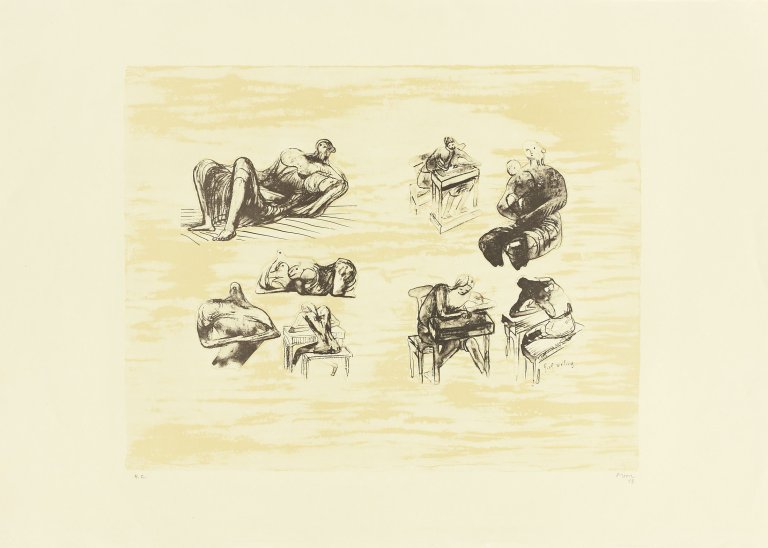 Auf diesem Bild ist das folgende Kunstwerk zu sehen: Henry Moore. „Eight Sculpturals Ideas Girl Writing“. 1973.