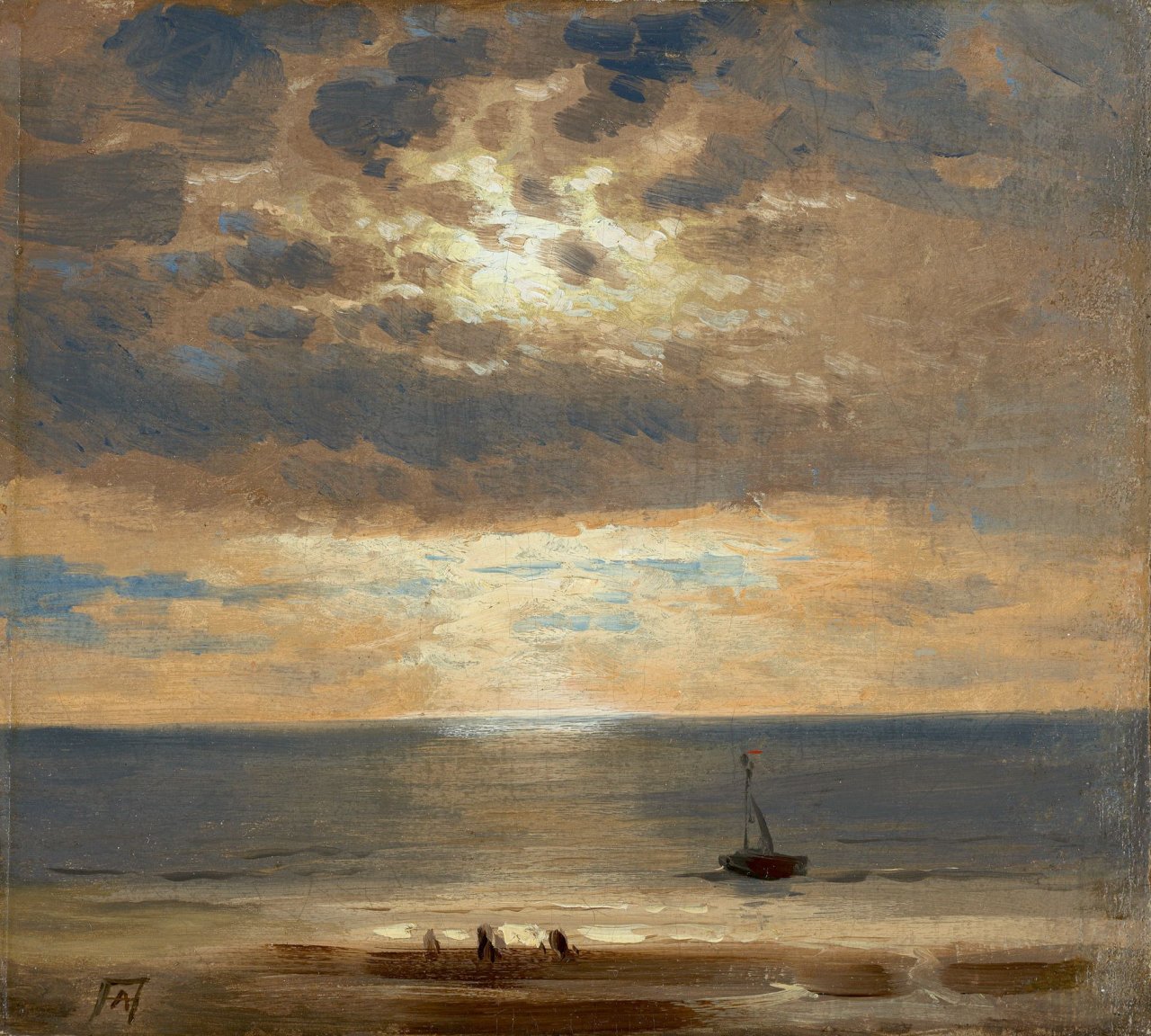 Auf diesem Bild ist das folgende Kunstwerk zu sehen: Andreas Achenbach. Abendstimmung am Meer.