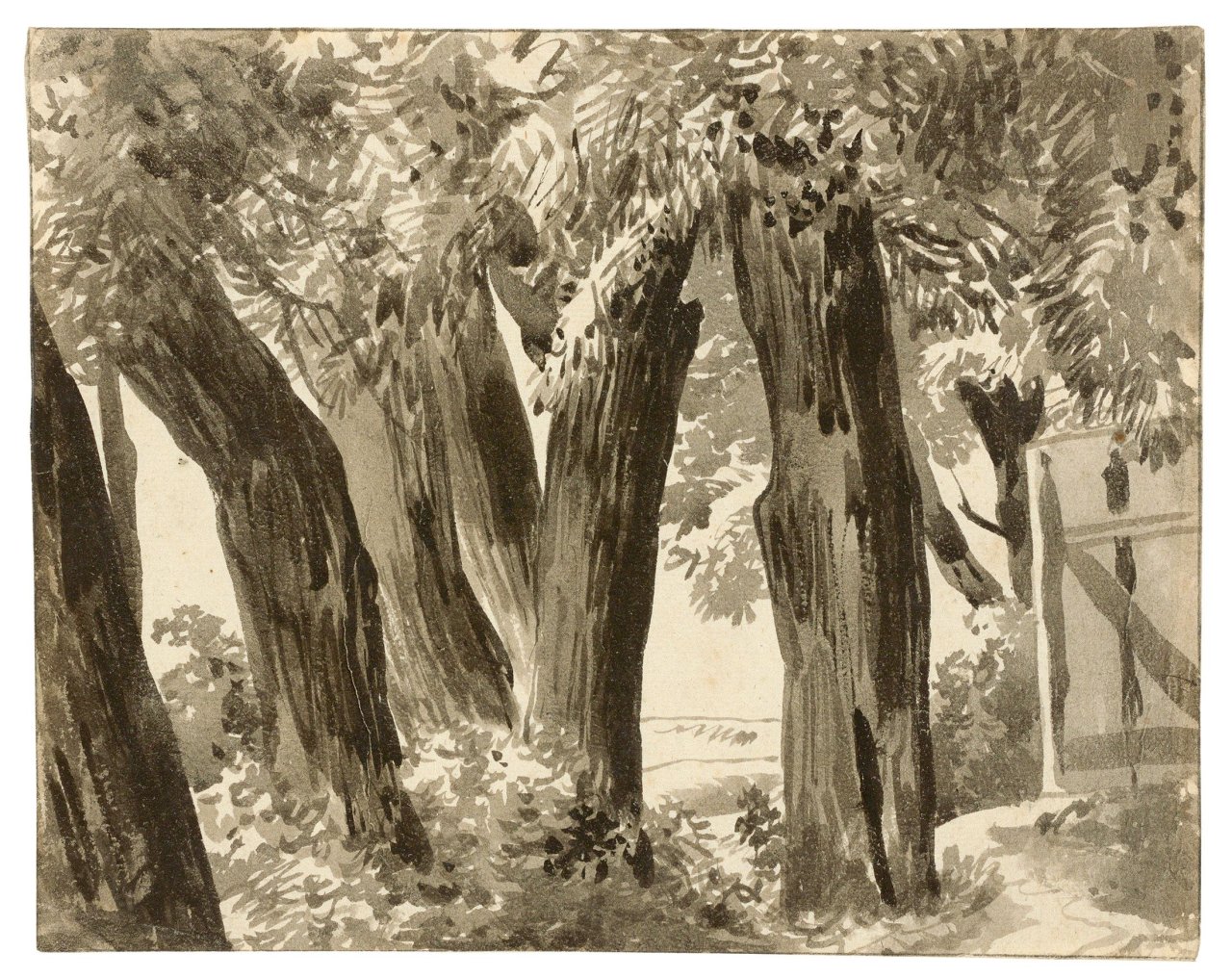 Catalog image of Baumstämme an einem Gehöft.