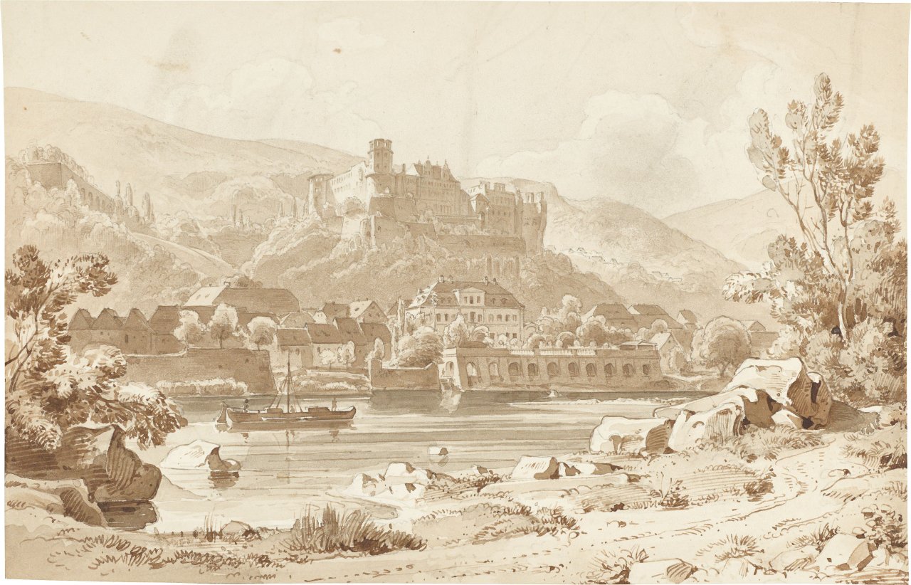 Auf diesem Bild ist das folgende Kunstwerk zu sehen: Ernst Fries. Heidelberg, Schloss und Altstadt vom Ziegelhäuser Ufer. Um 1829.