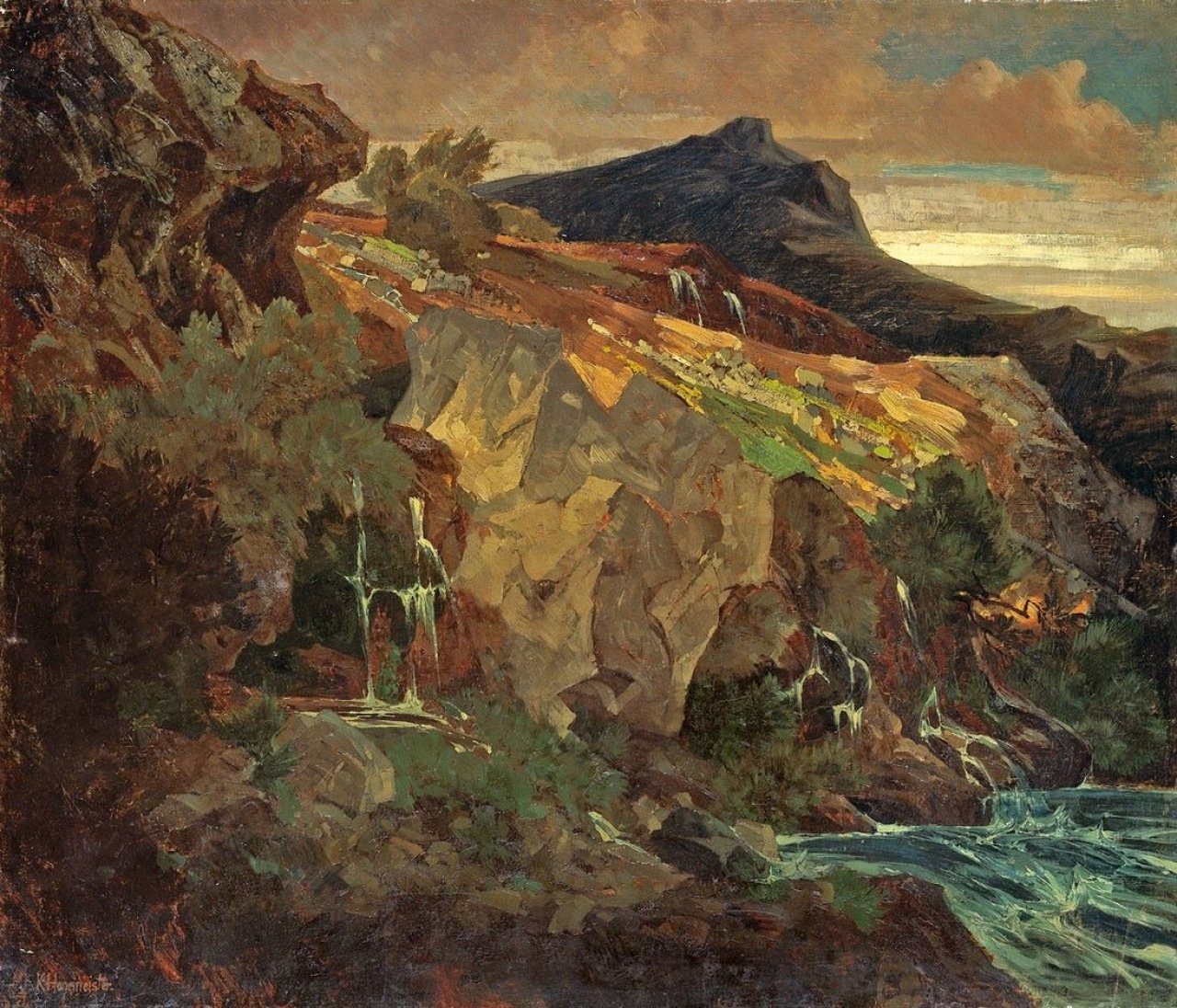 Auf diesem Bild ist das folgende Kunstwerk zu sehen: Karl Hagemeister. „Felsenschlucht (Pieve di Cadove)“. Um 1877.