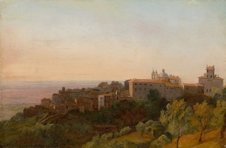 Auf diesem Bild ist das folgende Kunstwerk zu sehen:  Französisch, um 1830. Blick auf Ariccia mit dem Palazzo Chigi.
