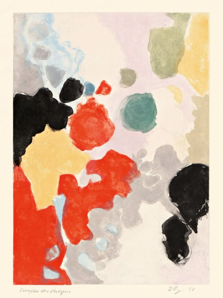 This picture shows the following artwork: Ernst Wilhelm Nay. „Farbaquatinta 1958 - 4 (Weiss Vulkanisch)“. 1958.