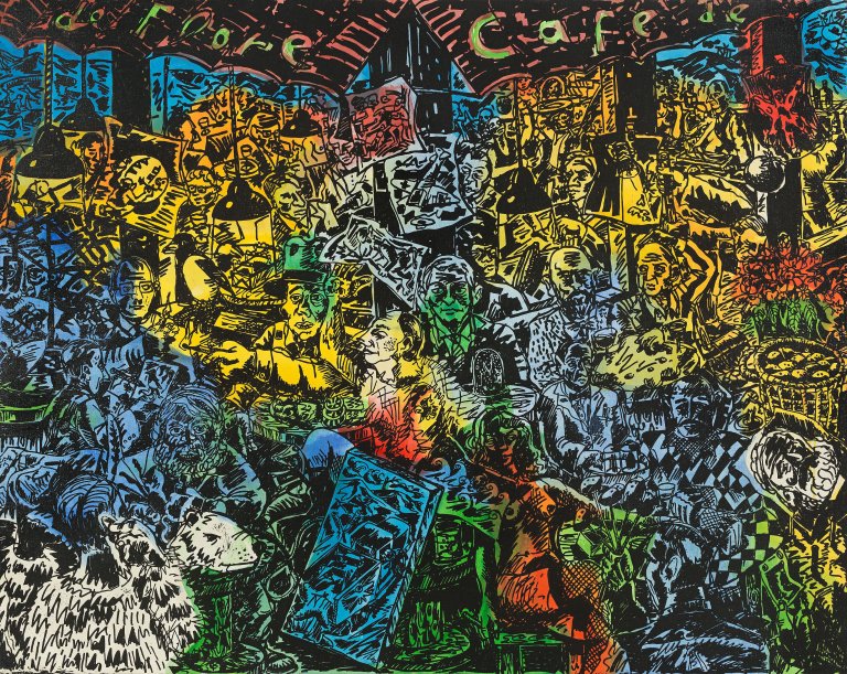 Auf diesem Bild ist das folgende Kunstwerk zu sehen: Jörg Immendorff. „Café de Flore“. 1993.