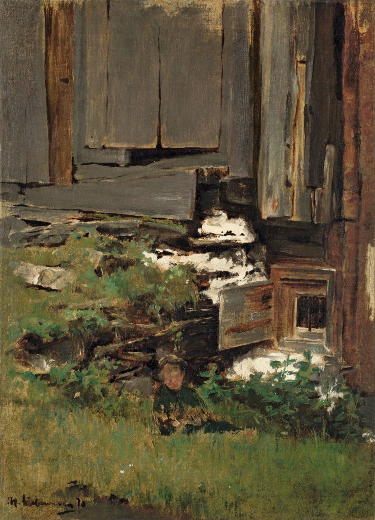 Auf diesem Bild ist das folgende Kunstwerk zu sehen: Max Liebermann. Hofecke in Weimar („Baufälliges Haus“). 1871.