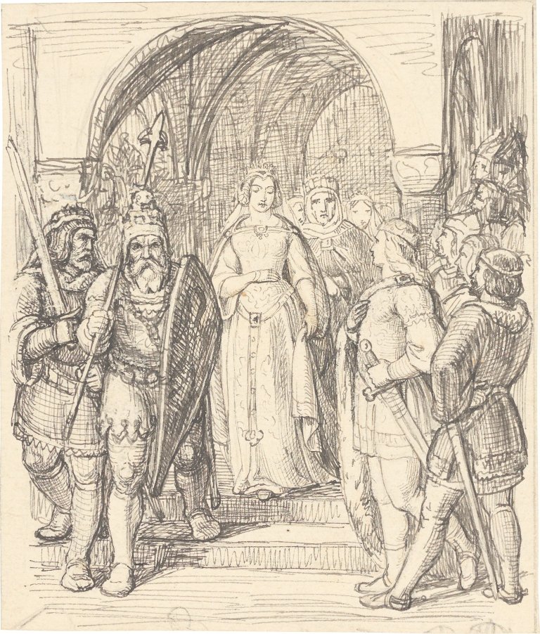 Auf diesem Bild ist das folgende Kunstwerk zu sehen: Otto Speckter. „Siegfried erblickt Kriemhild (Sigfrid und Sigurd)“. 1845. (+ 4 Beigaben).