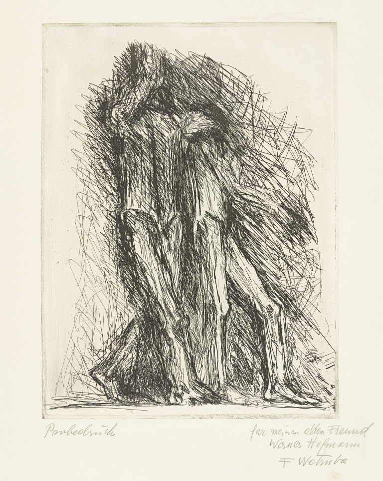 Auf diesem Bild ist das folgende Kunstwerk zu sehen: Fritz Wotruba. 8 Studien/Zwei Figuren (X)/3 stehende Figuren, ein Torso und ein Kopf/Omaggio a Michelangelo/Österreich II. 1973/74/75.