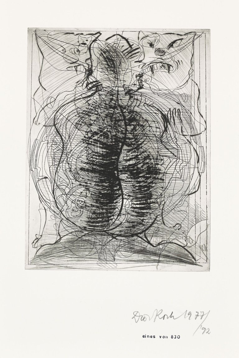 Auf diesem Bild ist das folgende Kunstwerk zu sehen: Dieter Roth. „Komposition I-V/1 Bericht mit Kommentar/Kombinationsdruck“. 1977/91 1991 1977/92.