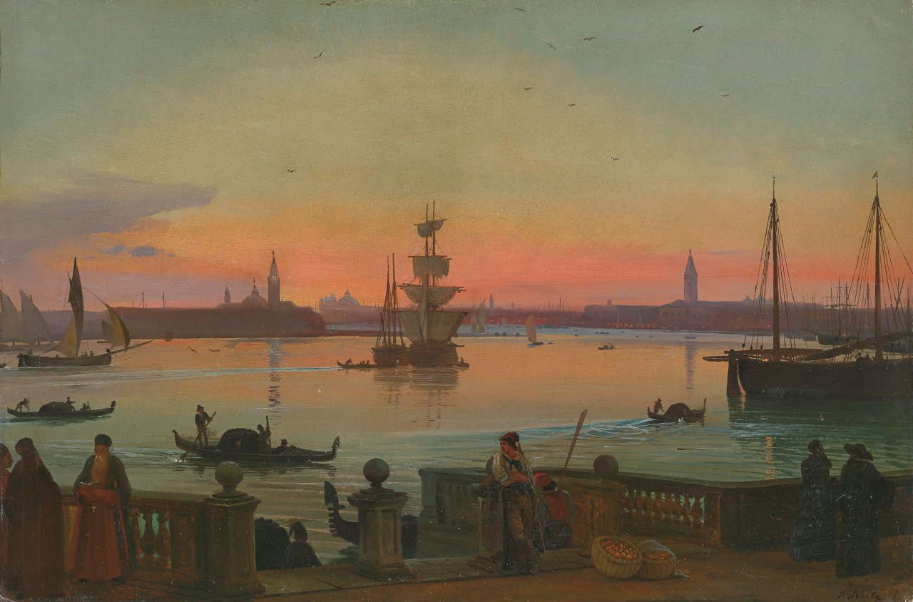 Auf diesem Bild ist das folgende Kunstwerk zu sehen: Friedrich Nerly d. Ä.. Blick auf Venedig, von den Giardini Pubblici aus. Um 1838.